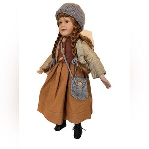 Vintage Porcelain Doll  17"H With Stand - Pigtails, Boots, Knitted Hat, Bag VTG